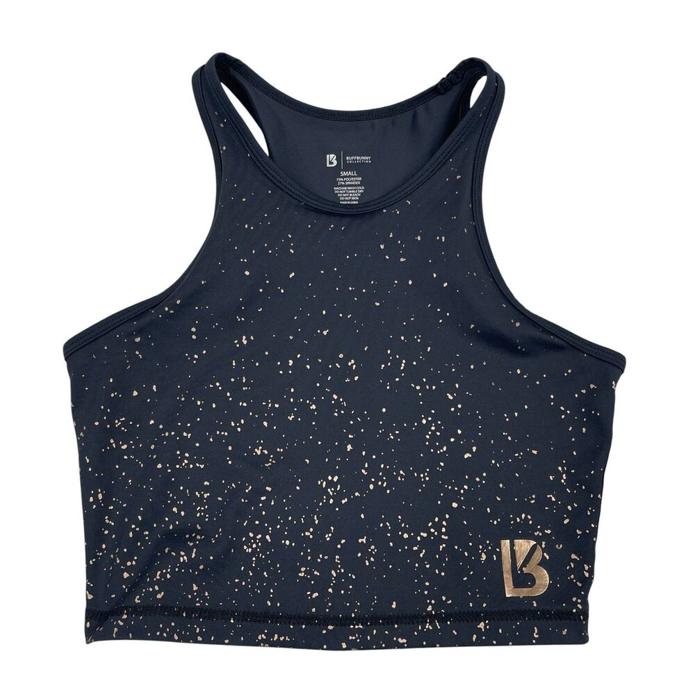 Buffbunny Collection Women's Aurora Crop Top Small Black Gold Speckled Racerback
